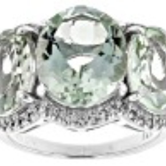 JTV- PRASIOLITE WITH WHITE ZIRCON SILVER 3-STONE RING - Picture 4 of 8